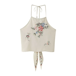 Top Caraco Dos Nu À Licou Avec Broderie Florale Lacé Détail Künstliche Perle Style Français