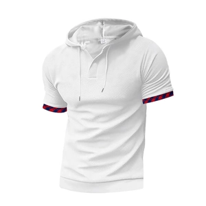 Men's white waffle knit hooded t-shirt with red and blue checkered hem details