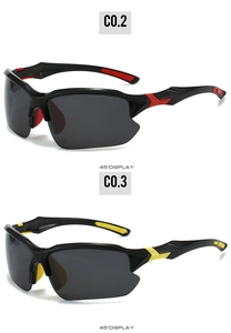 Vue détaillée à 45 degrés de lunettes de soleil de sport polarisées en rouge-noir et jaune-noir