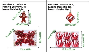 Detailed size chart for red and gold gingerbread man and spiral Christmas ornaments