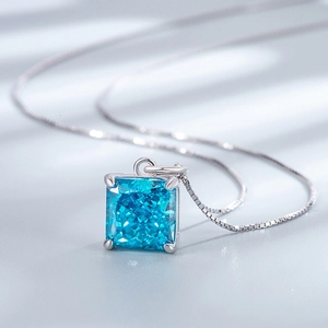 Elegant 925 sterling silver necklace with princess cut sky blue gemstone pendant