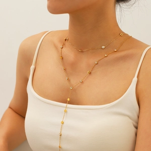 Zircon Inlaid Stainless Steel Double Layer Y-Necklace 18K Gold Plated Geometric Circular Tassel Pendant Women Jewelry