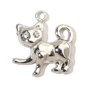 Macro shot of silver cat pendant with white zircon eyes made of durable stainless steel