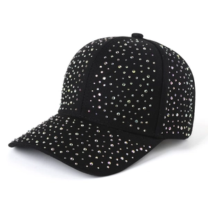 Fashionable black baseball cap with colorful rhinestones and adjustable strap for women