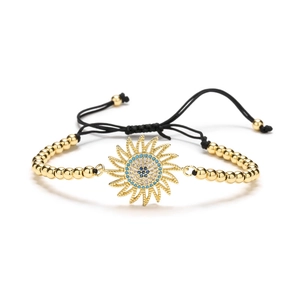 Gold sunflower evil eye beaded bracelet with adjustable woven strap and zircon stones