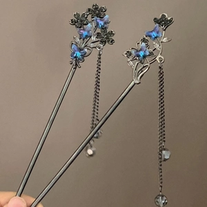Retro Chinese style hair pins featuring blue butterfly and dark flower with hanging metal chain