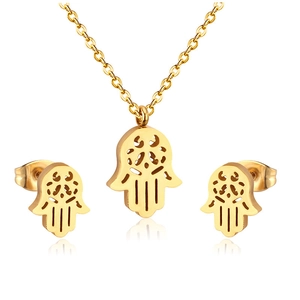 Golden Hamsa Hand jewelry set featuring openwork necklace and stud earrings in stainless steel