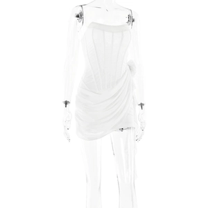 Detailed view of white strapless bodycon dress with side bow and pleated details