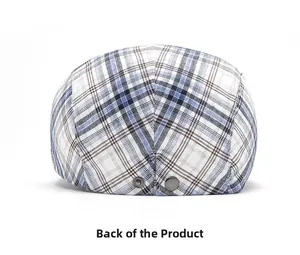 Rear view of checkered newsboy cap featuring detailed stitching and metal snap buttons