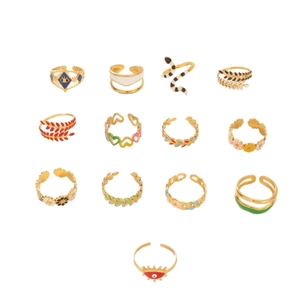 13-piece bohemian style gold-plated rings set with colorful enamel motifs and open adjustable bands