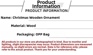 Detailed specifications of the Christmas wooden ornament showing wood material and packaging
