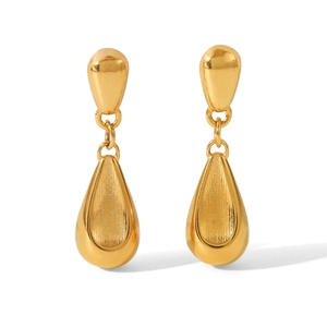 Macro detail of gold teardrop earrings showing brushed texture and polished steel finish