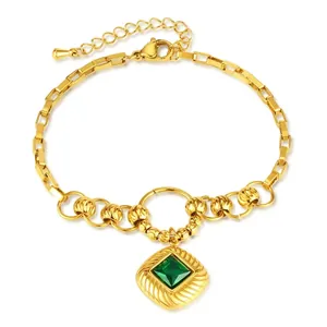 Stainless Steel Gold Bracelet With Square Green Cubic Zirconia Pendant French Retro Elegant Jewelry For Women