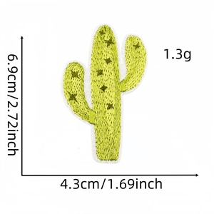Detail of green cactus embroidered patch with size dimensions 6.9cm x 4.3cm