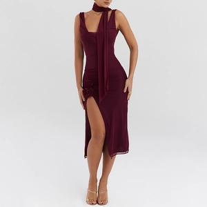 Sexy Wine Red Backless Maxi Dress For Women Mesh Patchwork Cowl Neck High Slit With 3D Flower Decoration And Scarf
