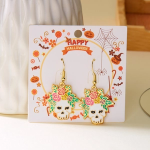 Halloween floral skull drop earrings with colorful oil drip flowers on golden hooks