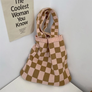 Pink and brown checkered knit tote bag featuring a minimalist aesthetic and soft texture
