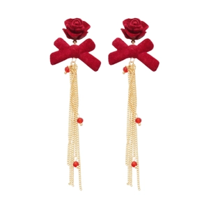 Elegant red flocked bow earrings with crystal tassels and vintage flower studs