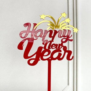 Decoración acrílica roja y dorada de Happy New Year para tartas de Año Nuevo 2026