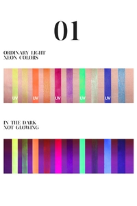 UV neon body paint palette showing ordinary light vs glowing dark comparison effects