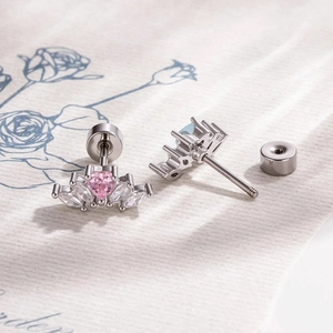 Pink heart-shaped zircon crown earrings in silver steel with marquise stone accents