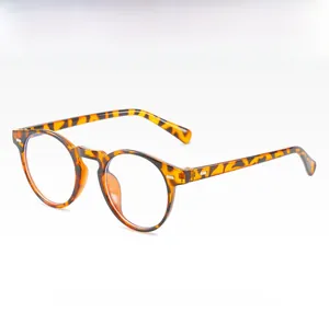 Detailed close-up of retro round leopard print eyeglass frames with anti-blue light lenses