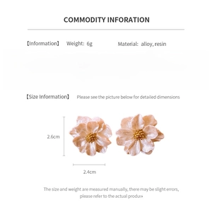Detail view of floral resin earrings with dimensions and material specifications shown