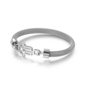 Minimalist silver mesh stainless steel bracelet with Hamsa Hand charm on white background