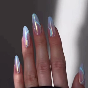 Aurora Iridescent Press On Nails Almond Shape Long Blue Purple Gradient Wave Pattern Elegant Manicure Accessory