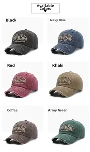 Six colors of vintage washed cotton baseball caps with distressed brim and embroidery