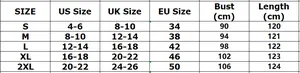 Detailed size guide table for women's sleeveless ribbed bodycon dress showing EU/US measurements