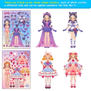 DIY anime princess dress-up stickers showing creative combinations of hairstyles and outfits