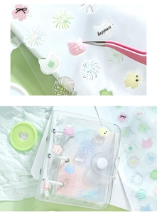 Macro view of decorative Kirakira Land crystal epoxy stickers used on a mini binder