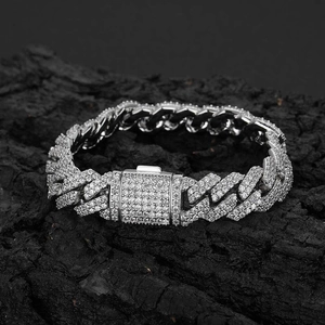 Silver cuban chain bracelet for men featuring 12mm double row diamond rhinestones