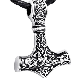 Pendentif Mjölnir vintage en acier inoxydable avec nœuds celtiques sur cordon noir