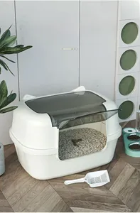 Detail of extra large cat litter box with translucent flip lid and easy scoop access
