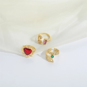 Vintage style gold-plated adjustable rings with colorful gemstone heart and rectangle shapes