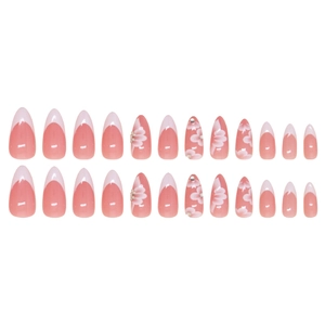 French tip almond press-on nails with white floral patterns and rhinestones set of 24