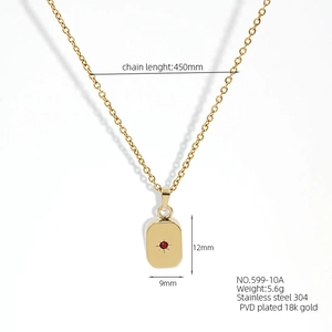 Detail view of 18k gold plated stainless steel necklace with red gemstone pendant specifications