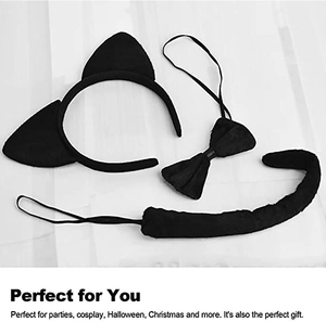 Three-piece black plush cat costume set featuring cat ears, bow tie, and long tail