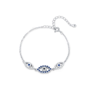 Minimalist S925 sterling silver evil eye bracelet with blue crystals on white background