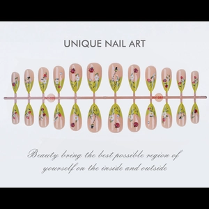 Detailed set of 24 almond-shaped press-on nails with 3D ladybug and bee garden designs