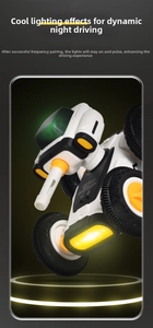 Detail of Astrospace RC stunt car with glowing green face shield and LED headlights