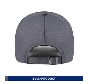 Detail view of the back of a dark grey baseball cap with an adjustable metal buckle strap