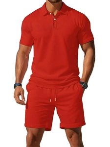 Detail of red waffle knit polo shirt and drawstring shorts set with breathable texture