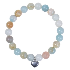 Detail of 8mm pink zebra stone beaded bracelet with polished silver heart charm pendant