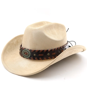 Detail of suede cowboy hat with brown leather band and turquoise metal ornament