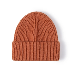 Winter rib-knit beanie hat in caramel rust red with thick fold-over cuff for men and women