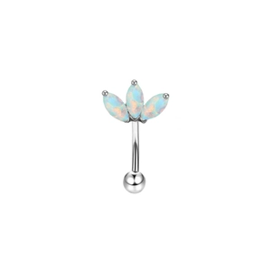 Macro view of silver eyebrow piercing featuring three marquise opals and a metal ball