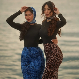 Close-up of blue and brown leopard print maxi skirts with matching headscarves in outdoors
